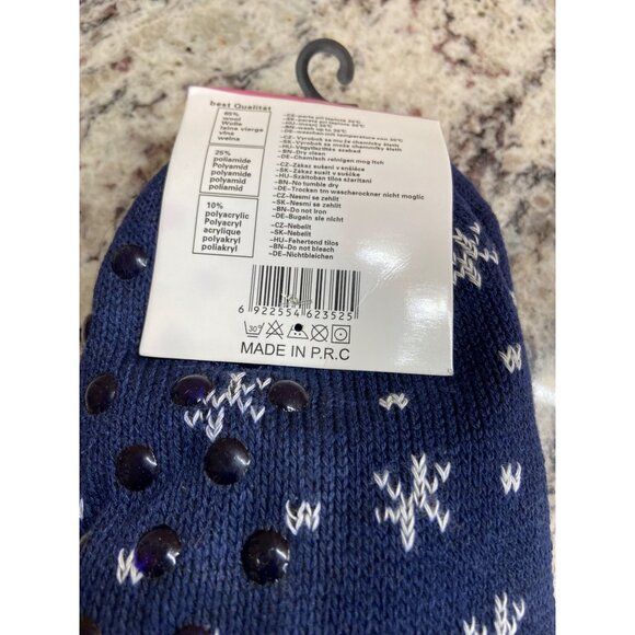 Thermo Sherpa Lined Slipper Sock Size 38-42 Navy Snowflake Non-Slip Fleece Cozy - Picture 5 of 5